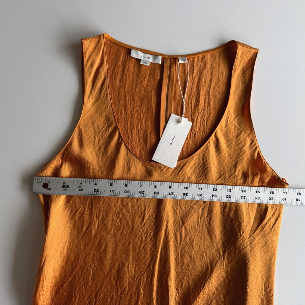 Vince NWT Satin Crinkle Sleeveless Tank Scoopneck Deep Orange Midi Slip Dress M - Picture 6 of 9